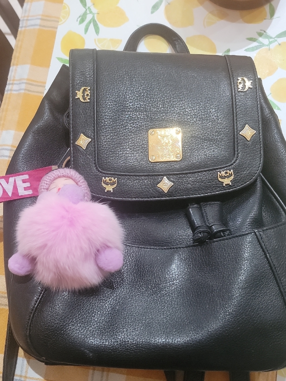 MCM Black Leather Backpack with Gold Logo Hardware